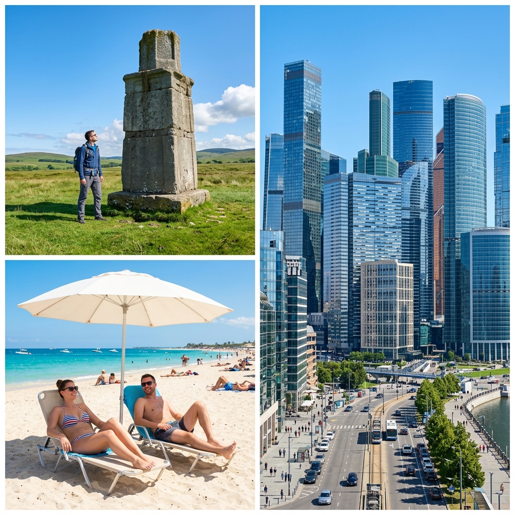 Kolaż współczesnych zdjęć (miasto, plaża, pomnik) — nie kwalifikuje się do renowacji