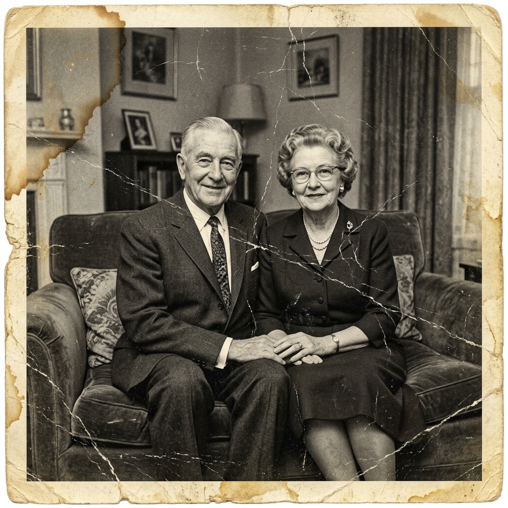 Stary portret z rysami i plamami — idealny do renowacji AI